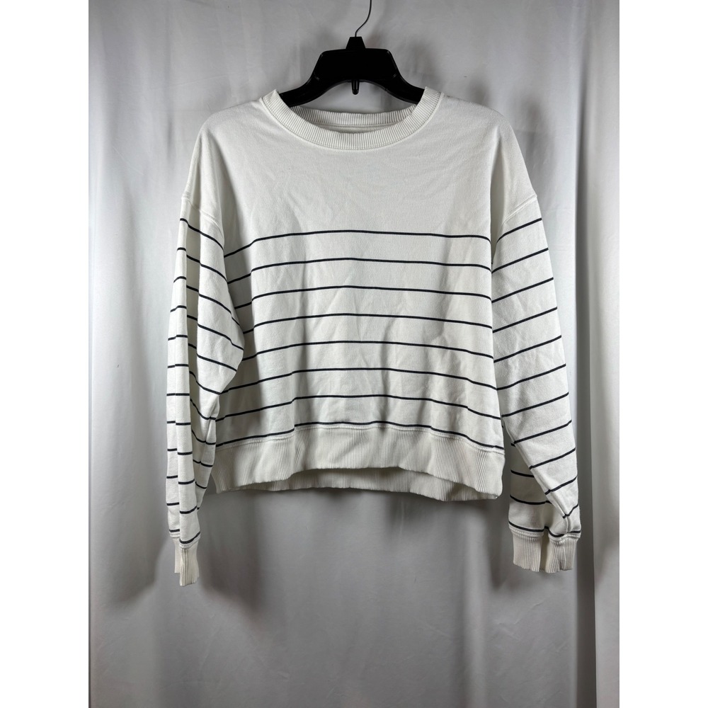 American Eagle Womens Medium White Black Striped Crewneck Relaxed Sweatshirt